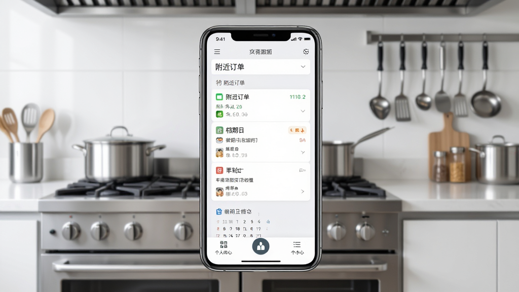 一席御厨厨师端软件主界面预览图,画面中央展示一部智能手机,手机屏幕上显示厨师端首页,包含附近订单列表、档期日历、个人中心入口,背景为干净明亮的现代厨房环境,不锈钢灶台与整齐厨具陈列在后,画面布局居中对称,风格写实商务,细节清晰,画质高清,画面干净,无多余元素