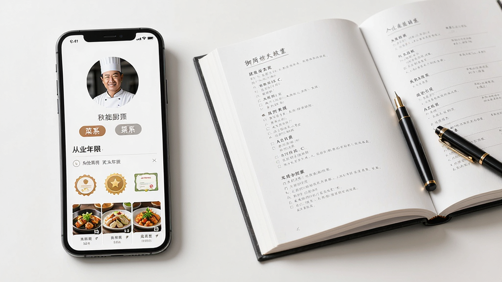 一席御厨厨师端个人技能档案页面展示图,画面主体为手机屏幕,屏幕内显示厨师头像、菜系标签、从业年限、证书图标与菜品图片墙,手机旁边放置一本翻开的菜谱与一支笔,布局为左中右三分法,风格简约清新,细节精致,画质高清,干净无杂乱