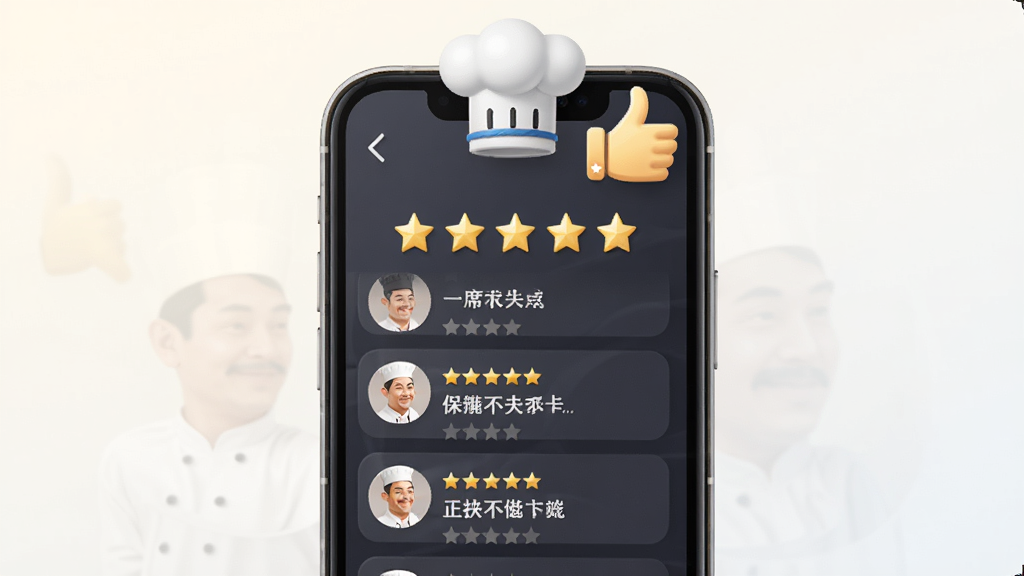 一席御厨厨师端商家评价体系示意图,画面中央为手机屏幕,屏幕内显示五星好评与文字评价列表,屏幕上方有厨师帽图标与点赞手势,背景为浅色渐变,布局上下结构,风格轻拟物,细节清晰,画质干净,无多余元素