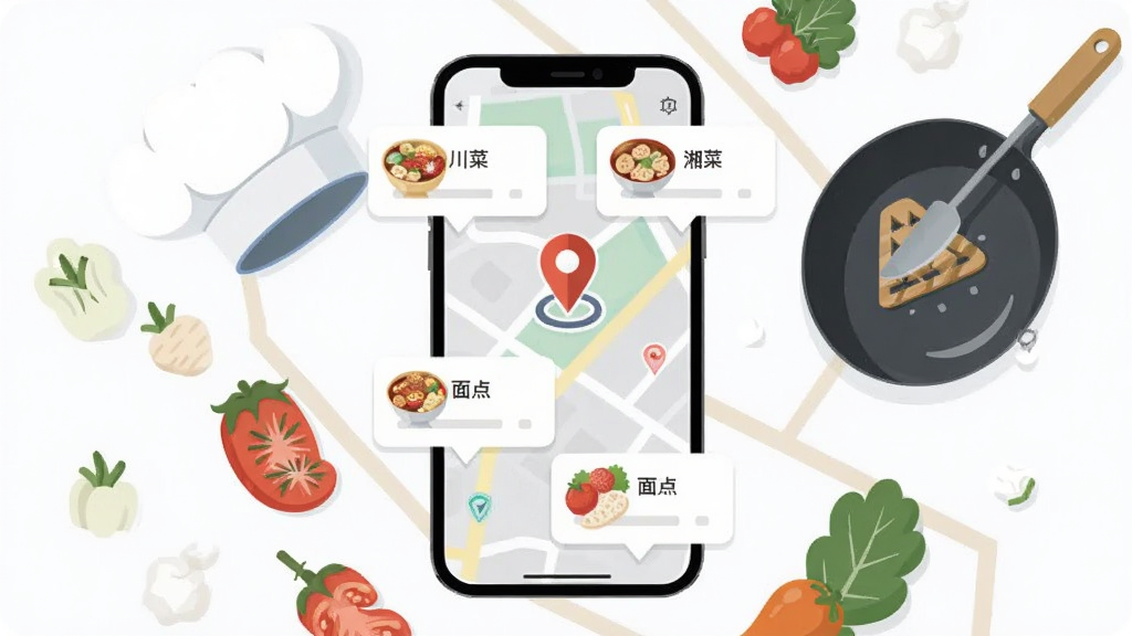 一席御厨厨师端附近接单功能展示图,画面以手机屏幕为中心,屏幕内显示地图定位图标与多个订单气泡卡片,卡片上写有川菜、湘菜、面点等标签,手机周围环绕着厨师帽、炒锅、食材等元素,布局采用环绕式构图,风格扁平化插画,细节干净,画质清晰,无多余元素