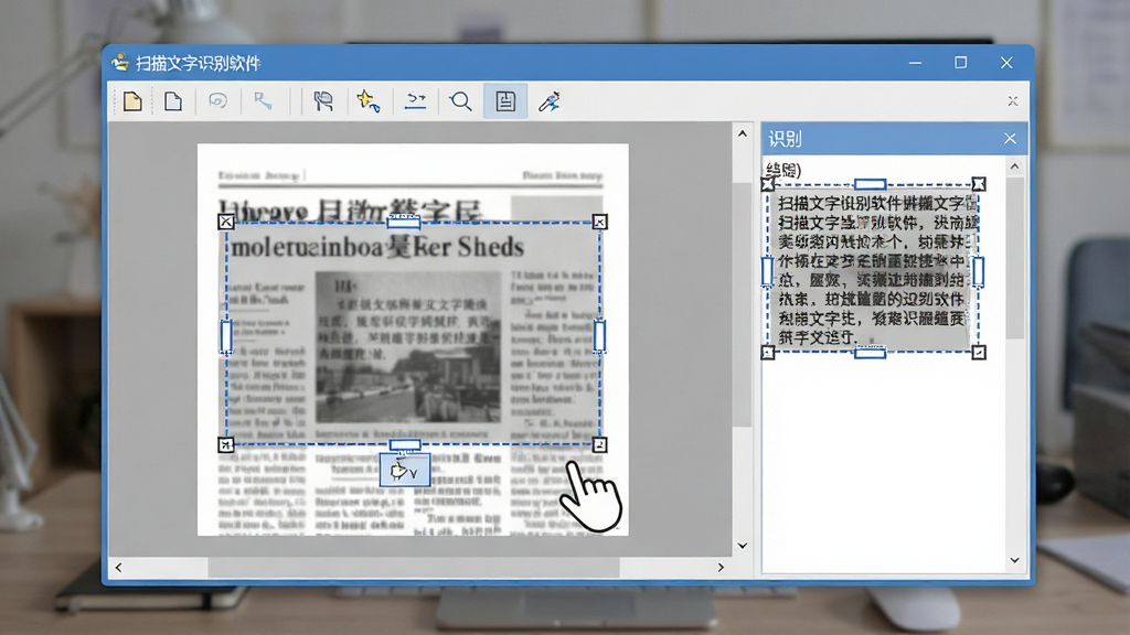 一张展示扫描文字识别软件区域选取功能的操作界面图,画面中软件窗口内有一张报纸版面图片,用户正在用矩形选框工具框选其中一篇文章的区域,选框周围有虚线标识,右侧识别结果区实时显示框选区域内的文字内容,窗口标题栏显示“扫描文字识别软件”,界面风格清爽,配色以浅灰与蓝色为主,画质细腻,无杂乱元素