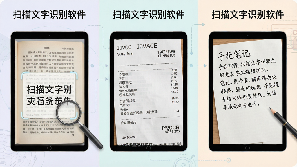 一张展示扫描文字识别软件多场景识别能力的示意图,画面分为三个并列区域,左侧为印刷体书籍页面被识别为文本,中间为发票票据被提取关键字段,右侧为手写笔记被转换为电子文字,三个区域上方均标注“扫描文字识别软件”字样,整体采用信息图表风格,布局对称,色调柔和,细节清晰,画质干净,无多余装饰元素