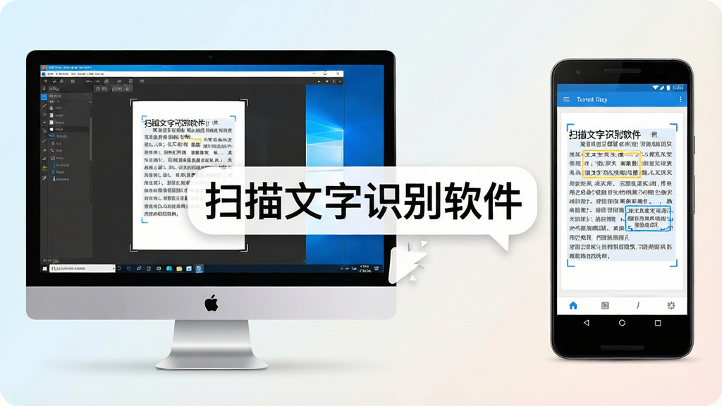 一张展示扫描文字识别软件在Windows电脑端与安卓手机端同时运行的对比图,左侧为电脑端软件界面,右侧为手机端App界面,两个设备屏幕上都显示着文字识别结果,画面中央有“扫描文字识别软件”的标识,整体风格简洁明快,背景为浅色渐变,画质清晰,无多余元素