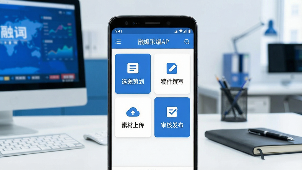 一张展示融媒采编手机应用主界面的图片,画面中央是一部竖屏安卓手机,手机屏幕上显示融媒采编APP的首页,包含“选题策划”“稿件撰写”“素材上传”“审核发布”四个功能卡片,背景为简洁的新闻编辑室环境,有电脑和笔记本,整体风格现代商务,蓝白配色为主,画质清晰,干净无多余元素