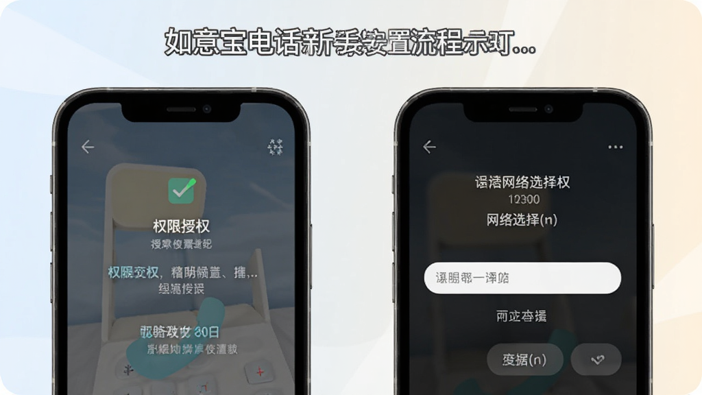 如意宝电话新手安装设置流程示意图,手机屏幕展示权限授权与网络选择界面,背景为浅色渐变,风格教程类扁平化,细节包括勾选图标与提示文字,画质高清干净无多余元素