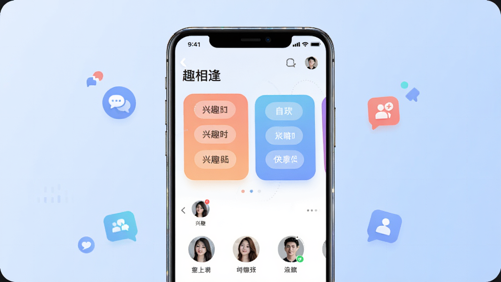 画面主体为一部竖屏智能手机,屏幕中显示“趣相逢”应用主界面,界面包含兴趣标签卡片与用户头像列表;布局采用手机居中、背景为柔和渐变浅蓝色;排版上手机屏幕内容清晰可见,周围点缀少量抽象的社交图标;风格为现代扁平化科技风;细节上手机边缘有轻微高光,背景有细微网格纹理;画质为高清2K,干净无多余元素