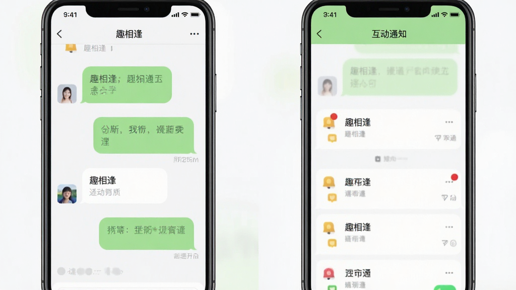 画面主体为两个手机屏幕并排,左侧显示“趣相逢”聊天对话界面,右侧显示互动通知列表;布局为左右对称;排版上屏幕内容清晰;风格为扁平化UI展示;细节上对话气泡有浅绿色和白色区分,通知图标带有小红点;画质为高清,干净无多余元素