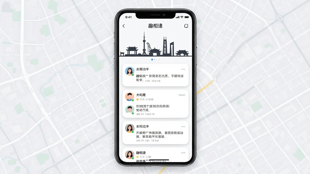 画面主体为手机屏幕显示“趣相逢”同城动态页面,页面中有城市地标剪影、用户头像和动态卡片;布局为手机居中,背景为浅灰色城市地图轮廓;排版上动态卡片纵向排列;风格为清新简约;细节上卡片带有圆角和轻阴影,地图线条纤细;画质为高清,干净无多余元素