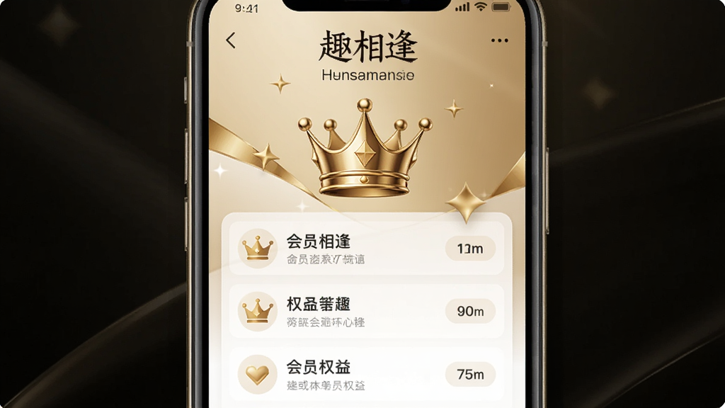 画面主体为手机屏幕显示“趣相逢”会员权益页面,页面中有皇冠图标和权益列表;布局为手机居中;排版上权益条目纵向排列;风格为轻奢金色调;细节上皇冠有金属光泽,背景为深色渐变;画质为高清,干净无多余元素