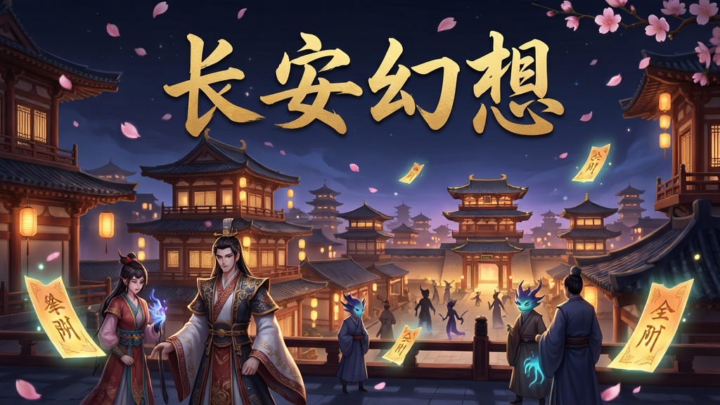 一幅精美的手机游戏场景插画,画面主体为盛唐风格的长安城夜景,灯火辉煌的楼阁与穿梭其间的妖灵身影,主体占据画面中央偏左位置,布局采用远景与近景结合,上方留白处用金色毛笔字体写着“长安幻想”四个大字,排版居中偏上,风格为唯美二次元国风,细节包括飘落的花瓣、发光的灵符、精致的角色服饰纹样,画质为4K超高清,画面干净,无多余元素
