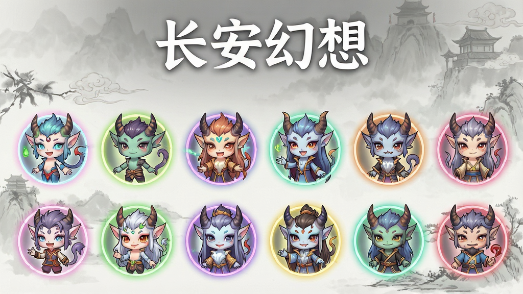一幅游戏角色收集界面展示图,画面主体为排列整齐的多个卡通妖灵角色,每个角色带有不同颜色光环,布局为网格状排列,上方用白色字体写着“长安幻想”,排版整齐,风格为清新二次元,细节包括角色表情生动、背景有淡雅的水墨纹理,画质高清,画面干净,无多余元素