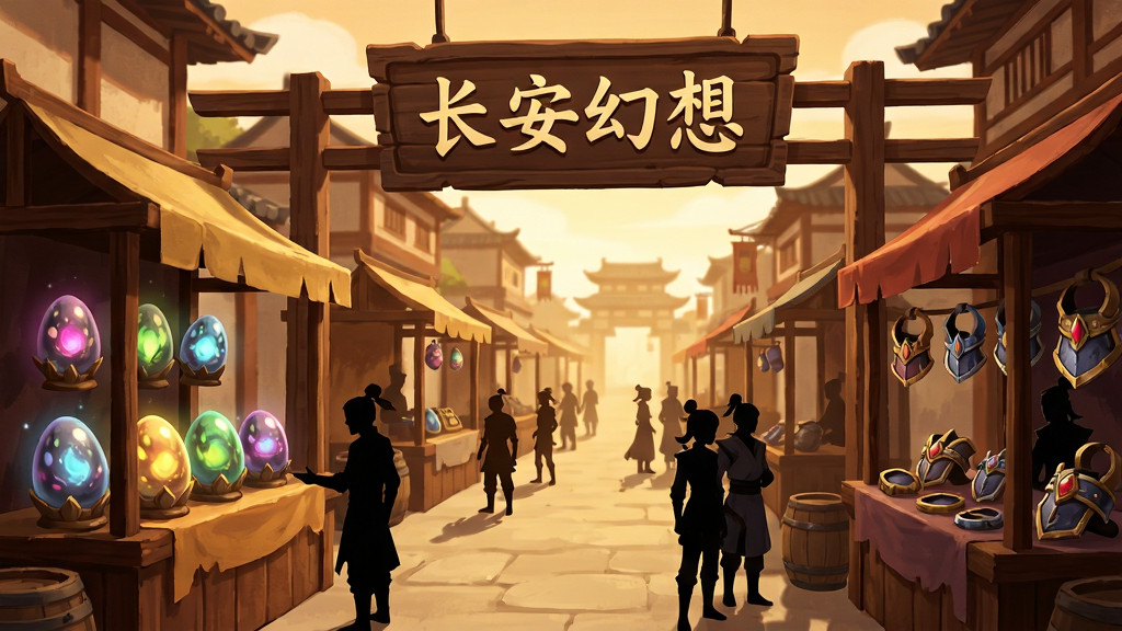 一幅游戏交易市场场景图,画面主体为古代风格的集市摊位,摊位上方挂着写有“长安幻想”的木质牌匾,布局为透视街道延伸至远方,风格为暖色调国风,细节包括摊位上摆放着各种发光的妖灵蛋和装备、来往的玩家角色剪影,画质为高清渲染,画面干净,无多余元素