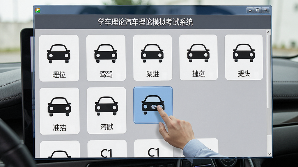 一张展示学车理论汽车理论模拟考试系统车型选择界面的图片,画面中软件窗口显示多种准驾车型图标和名称,用户正在点击选择C1车型,界面简洁,风格写实,细节清晰,画质高清,干净无多余元素