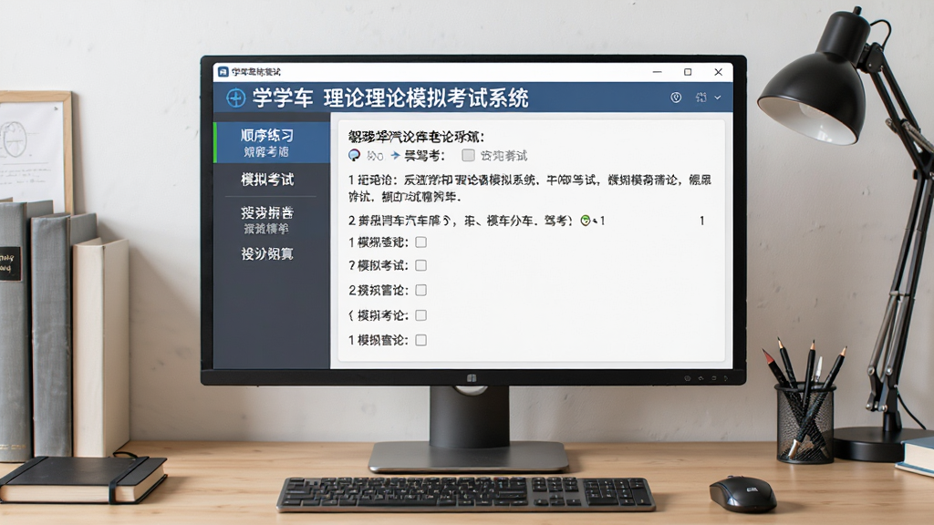 一张展示学车理论汽车理论模拟考试系统电脑端主界面的图片,画面中央是软件窗口,左侧为功能菜单栏包含顺序练习、模拟考试等选项,右侧显示驾考题目和选项,背景是整洁的书桌环境,风格写实清晰,细节丰富,画质高清,干净无多余元素