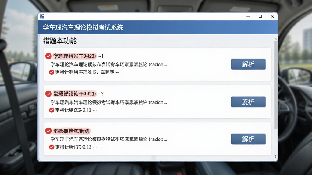 一张展示学车理论汽车理论模拟考试系统错题本功能的图片,画面中软件窗口列出多道错题记录,带有红色标记和解析按钮,界面清晰,风格写实,细节到位,画质高清,干净整洁