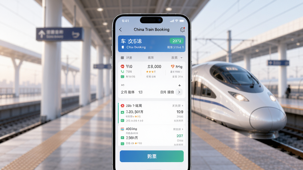 主体是一部智能手机屏幕显示China Train Booking应用界面,布局为手机居中放置,背景是简洁的火车站台与行驶中的高铁列车,排版为竖版海报形式,风格为现代科技感与出行主题结合,细节包括手机屏幕上的车次列表、日期选择器、购票按钮,背景有柔和的光线,画质高清 干净 无多余元素