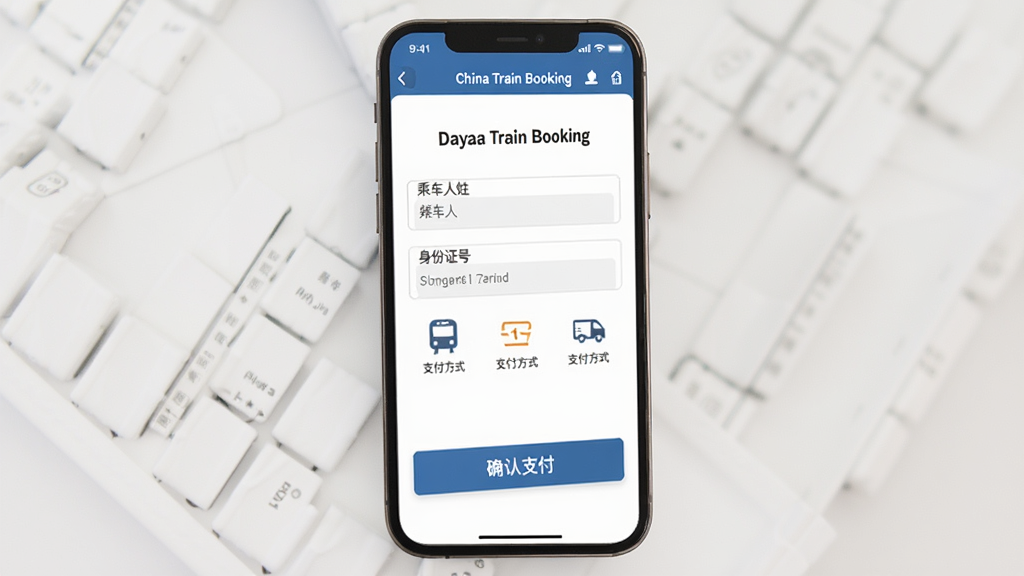主体是China Train Booking应用的支付确认界面,布局为手机屏幕正面展示,排版为表单与按钮组合,风格为简洁商务风,细节包括乘车人姓名输入框、身份证号字段、支付方式图标、确认支付按钮,背景为白色干净底,画质高清 干净 无多余元素