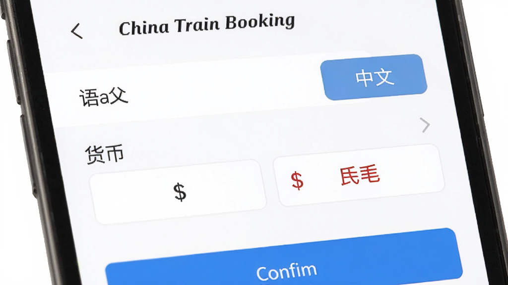 主体是China Train Booking应用的语言与货币设置界面,布局为手机屏幕特写,排版为选项列表,风格为国际化简洁风,细节包括语言选项中文英文切换按钮、货币符号美元人民币选项、确认按钮,背景为白色,画质高清 干净 无多余元素
