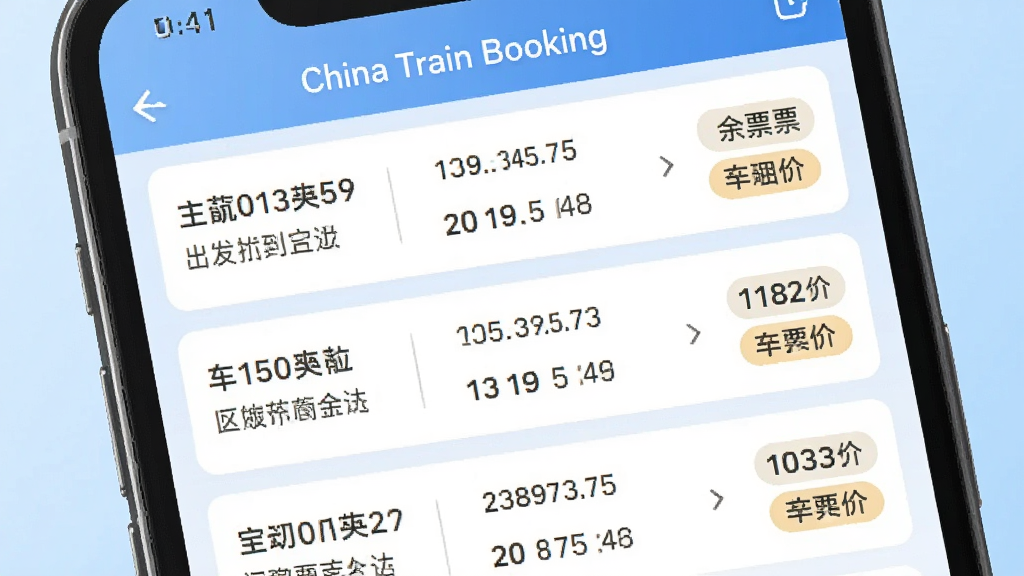 主体是China Train Booking应用中的余票查询结果页面,布局为手机屏幕特写,排版为列表式展示多趟车次,风格为清爽的信息展示界面,细节包括车次编号、出发到达时间、余票数字、票价标签,背景为淡蓝色渐变,画质高清 干净 无多余元素
