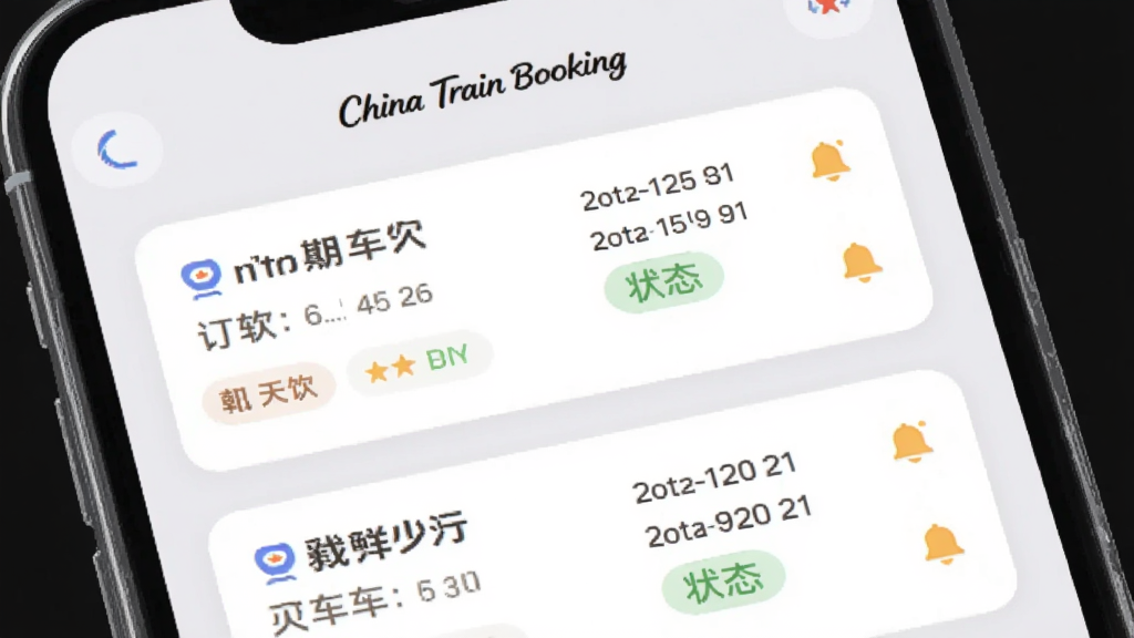 主体是China Train Booking应用的订单管理页面,布局为手机屏幕竖版展示,排版为卡片式订单列表,风格为柔和圆角设计,细节包括订单卡片上的车次信息、出行日期、状态标签、提醒铃铛图标,背景为浅灰色,画质高清 干净 无多余元素