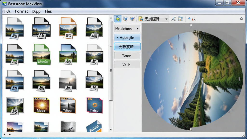 一张展示 Faststone MaxView 格式兼容与编辑功能的图片,画面中央是软件界面,左侧列出多种图片格式图标,右侧显示一张正在被旋转的风景照,工具栏中「无损旋转」按钮被高亮,风格为写实软件截图风,细节上格式图标清晰可辨,画质清晰,干净,无多余元素