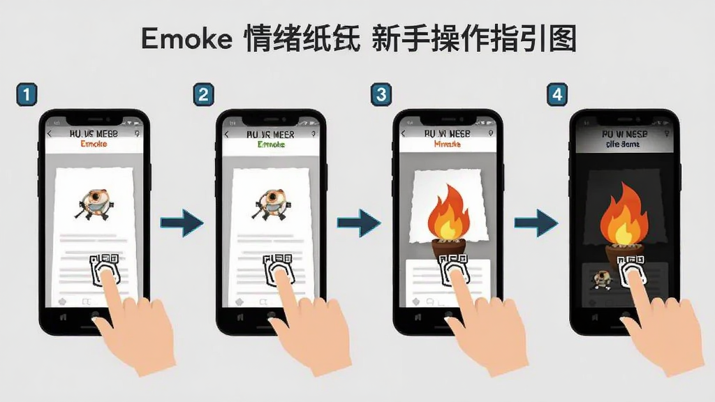 Emoke情绪纸卷新手操作指引图,画面展示手机屏幕从新建纸条到点燃燃烧的四个步骤分解,每个步骤配有手指点击图标和箭头指示,背景为浅灰色,风格为扁平化教程图示,细节包含步骤编号、操作手势、界面缩略图,画质清晰,干净无多余元素