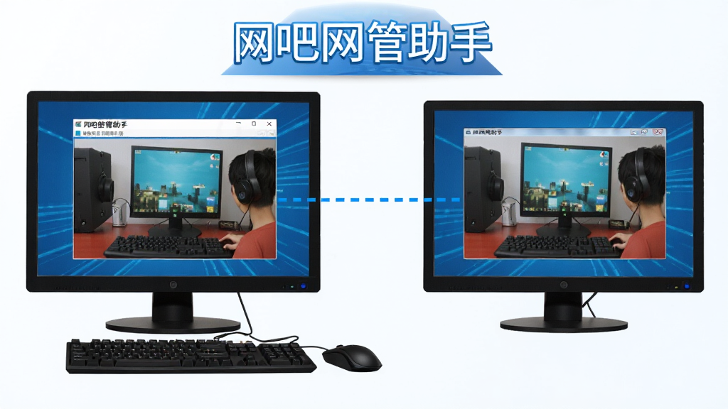 一张网吧网管助手远程协助功能的图片,画面中主控端与客户机之间通过虚线连接,屏幕上显示远程操作窗口,有