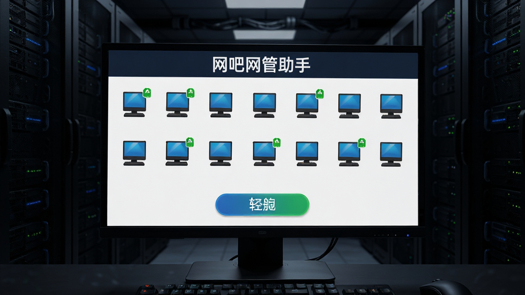 一张展示网吧网管助手批量管理功能的图片,画面中一台主控电脑屏幕上显示多台客户机图标排列整齐,部分图标带有绿色在线标记,操作按钮醒目,背景为暗色调机房环境,屏幕上写有