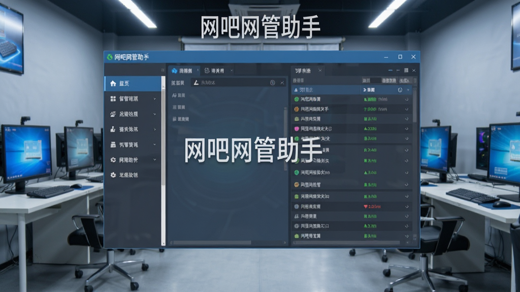 一张展现网吧网管助手软件主界面的图片,画面中央是软件控制台窗口,左侧为功能导航栏,右侧显示多台客户机状态列表,背景是整洁的网吧环境,屏幕上有