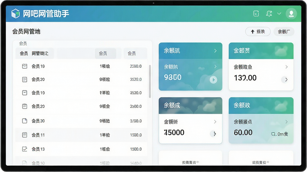 一张网吧网管助手会员管理界面的图片,画面中显示会员列表与余额信息卡片式布局,有