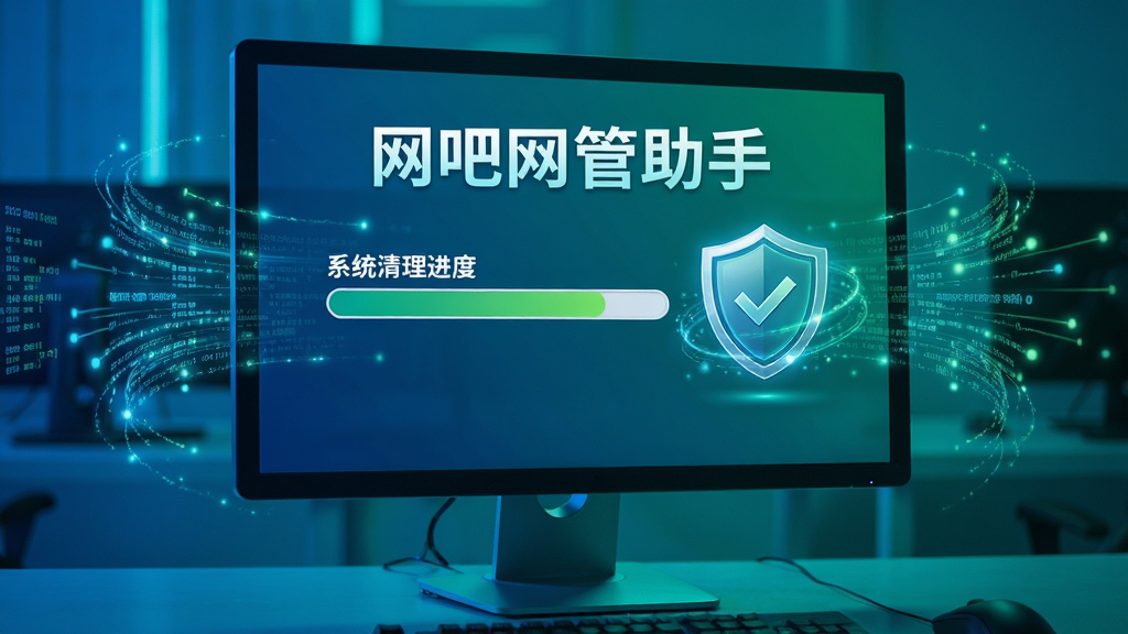 一张展示网吧网管助手系统维护功能的图片,画面中电脑屏幕上显示系统清理进度条与安全防护盾牌图标,周围有数据流动效果,屏幕上有