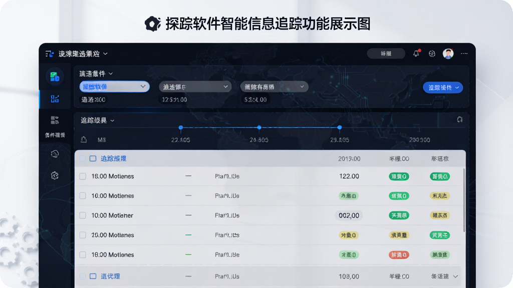 探踪软件智能信息追踪功能展示图,主体为软件追踪面板,布局为上方筛选条件与下方追踪结果列表,风格科技感与商务感结合,细节包含高亮标记、时间轴与状态标签,画面干净整洁,无多余元素,高画质