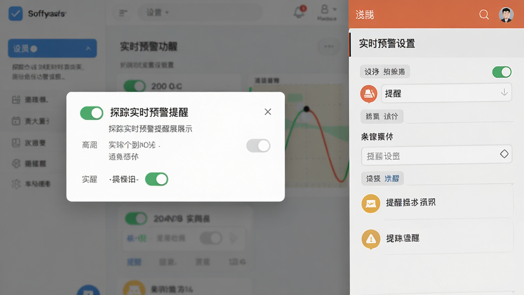 探踪实时预警提醒功能展示图,主体为软件通知弹窗与预警设置界面,布局为左右分栏,风格清爽直观,细节包含开关控件、条件输入框与提醒图标,画面干净,无多余元素,高画质