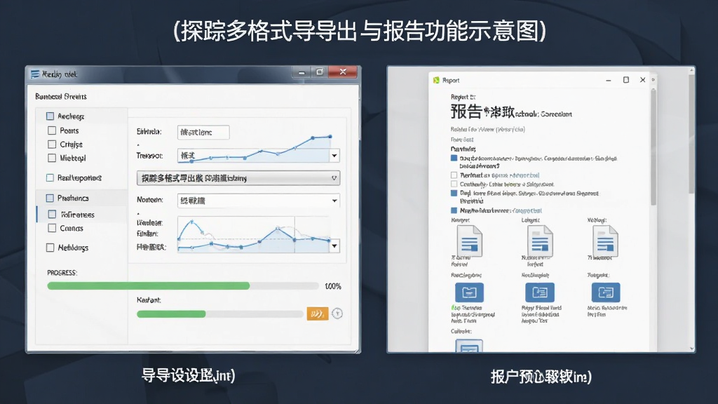 探踪多格式导出与报告功能示意图,主体为导出设置窗口与报告预览页面,布局为上下结构,风格办公商务,细节包含格式选项、进度条与文档图标,画面整洁,无多余元素,高画质