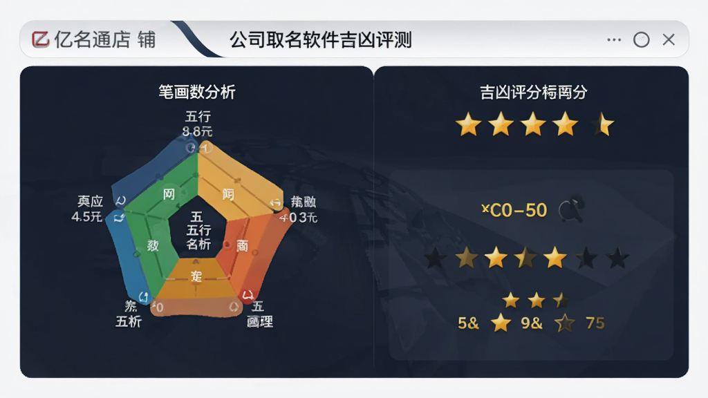 亿名通店铺公司取名软件吉凶评测页面,画面显示一个名称的五行分析图表和吉凶评分星级,界面以图表形式呈现笔画数理和五行属性,风格商务专业,配色沉稳,画质干净,无多余元素