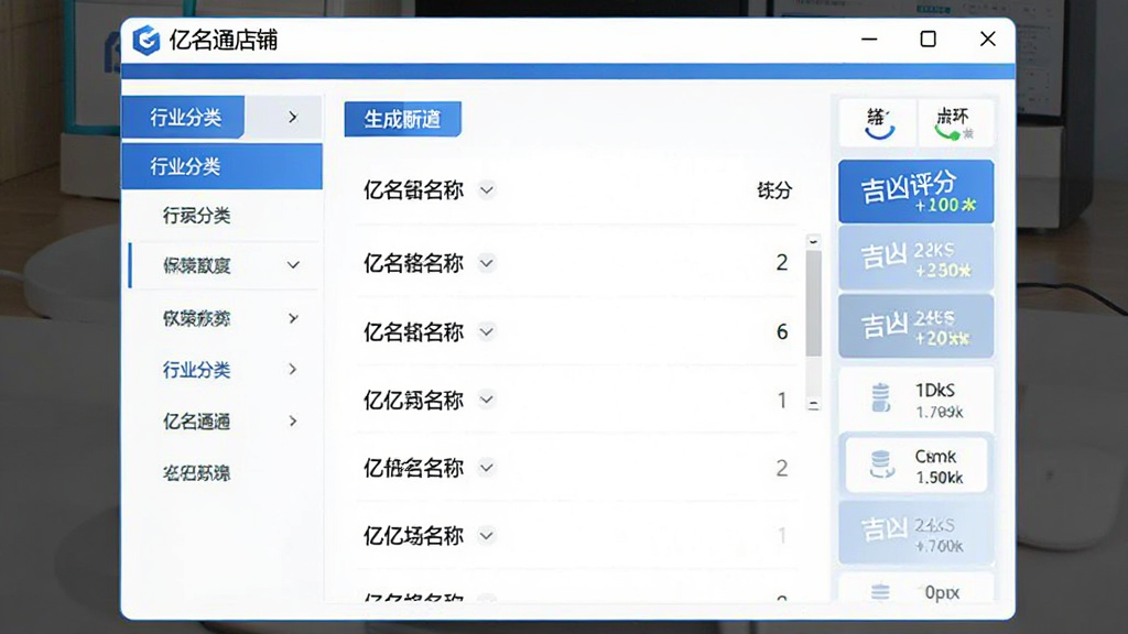 亿名通店铺公司取名软件主界面展示,画面中央为软件操作窗口,左侧为行业分类导航栏,右侧显示生成的名称列表和吉凶评分,整体采用简洁商务风格,配色以蓝白为主,界面元素清晰,画质干净,无多余元素