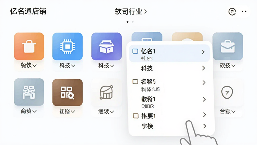 亿名通店铺公司取名软件行业选择界面,画面展示多个行业图标排列,包括餐饮、科技、商贸等,用户点击某一行业后弹出名称推荐列表,风格简洁明快,布局清晰,画质干净,无多余元素