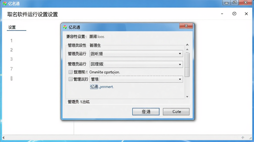亿名通店铺公司取名软件运行设置界面,画面展示兼容性设置窗口和管理员运行选项,界面为Windows系统风格,简洁明了,画质干净,无多余元素