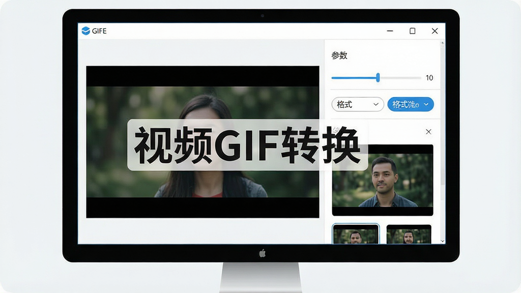 视频GIF转换软件主界面展示,主体为电脑屏幕中央打开的视频GIF转换窗口,布局采用左右分栏设计,左侧为视频预览区,右侧为参数设置面板,排版简洁整齐,风格为现代科技感扁平化设计,细节包含进度条、格式选择按钮和GIF预览缩略图,画面中文字标注