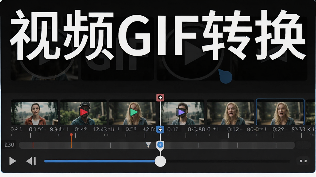 视频GIF转换时间轴截取界面,主体为视频播放器下方的时间轴控制条,布局为横向排列的帧预览缩略图和拖拽滑块,排版紧凑直观,风格为深色专业工具风,细节包含时间刻度、起止点标记和帧画面缩略图,画面中文字标注