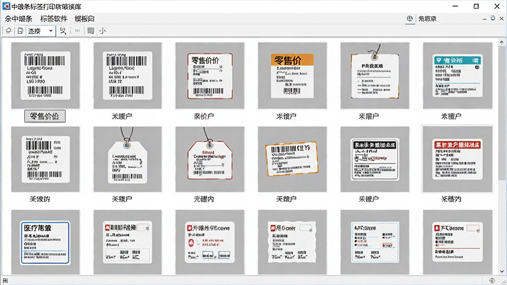 一张展示中琅条码标签打印软件模板库的图片,主体是软件界面中打开的模板选择窗口,布局为模板缩略图网格排列,排版整齐,风格为软件界面截图,细节包括物流标签、零售价签、医疗标签等模板预览,画质高清,干净,无多余元素。