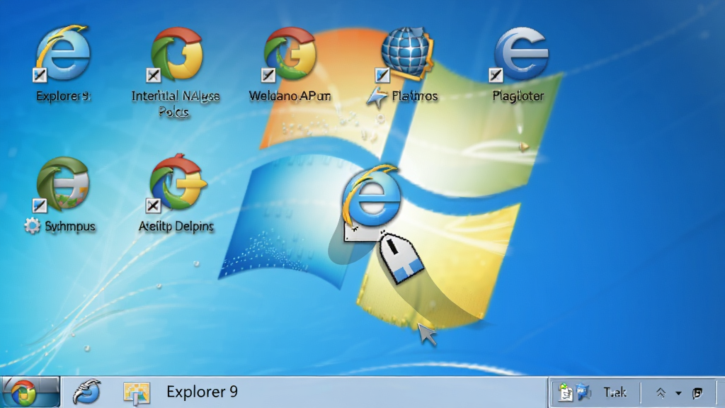 一张展示Internet Explorer 9浏览器固定网站到任务栏的操作场景图,主体为Windows桌面任务栏上排列着多个网站图标,其中一个图标正被鼠标拖拽固定,布局为水平任务栏居中展示,风格为写实桌面截图风,细节包括清晰的图标阴影和拖拽轨迹,画质高清干净无多余元素
