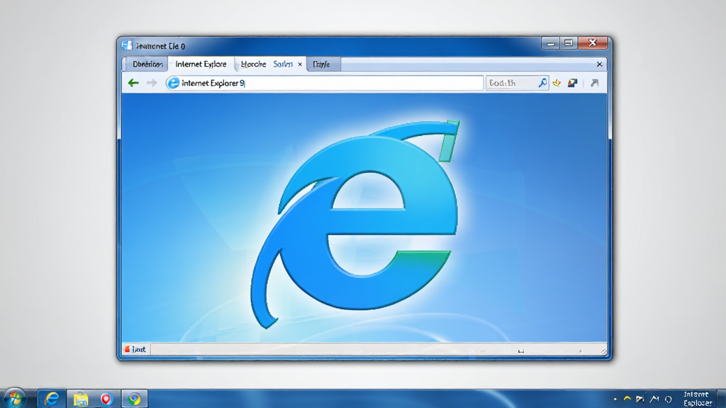 一张展示Internet Explorer 9浏览器主界面的全景截图,主体为软件窗口居中布局,窗口内显示经典蓝色IE标志与简洁的地址栏和标签页,背景为干净的浅灰色渐变,风格为科技商务简约风,细节包括清晰的任务栏图标和流畅的页面渲染效果,画质高清干净无多余元素