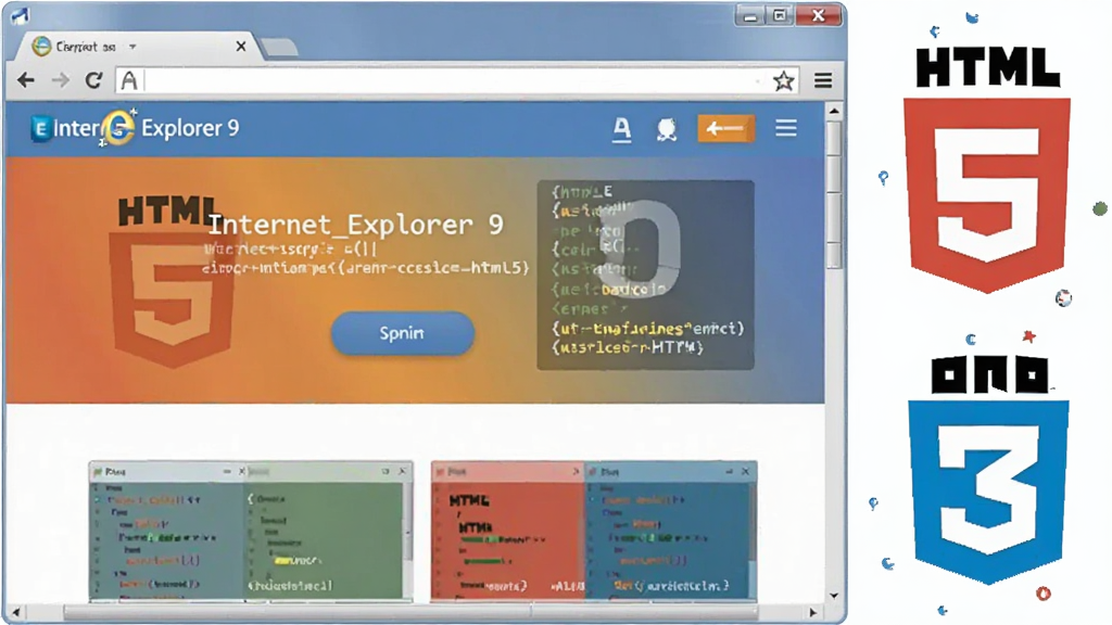一张展示Internet Explorer 9浏览器渲染HTML5网页的示意图,主体为浏览器窗口内显示带有圆角按钮和渐变背景的现代网页布局,旁边漂浮着HTML5和CSS3的图标标识,布局为左侧浏览器右侧图标组合,风格为扁平化科技风,细节包括清晰的代码片段和渲染对比效果,画质高清干净无多余元素