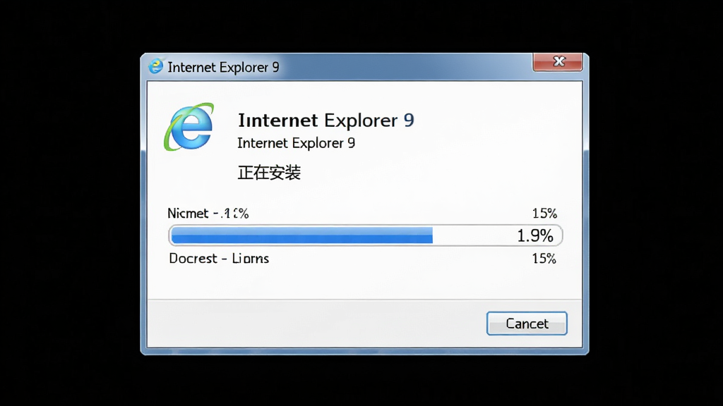 一张展示Internet Explorer 9浏览器安装进度条界面的示意图,主体为安装窗口居中显示蓝色进度条和“正在安装”文字,布局为窗口居中四周留白,风格为写实软件安装界面风,细节包括清晰的百分比数字和取消按钮,画质高清干净无多余元素