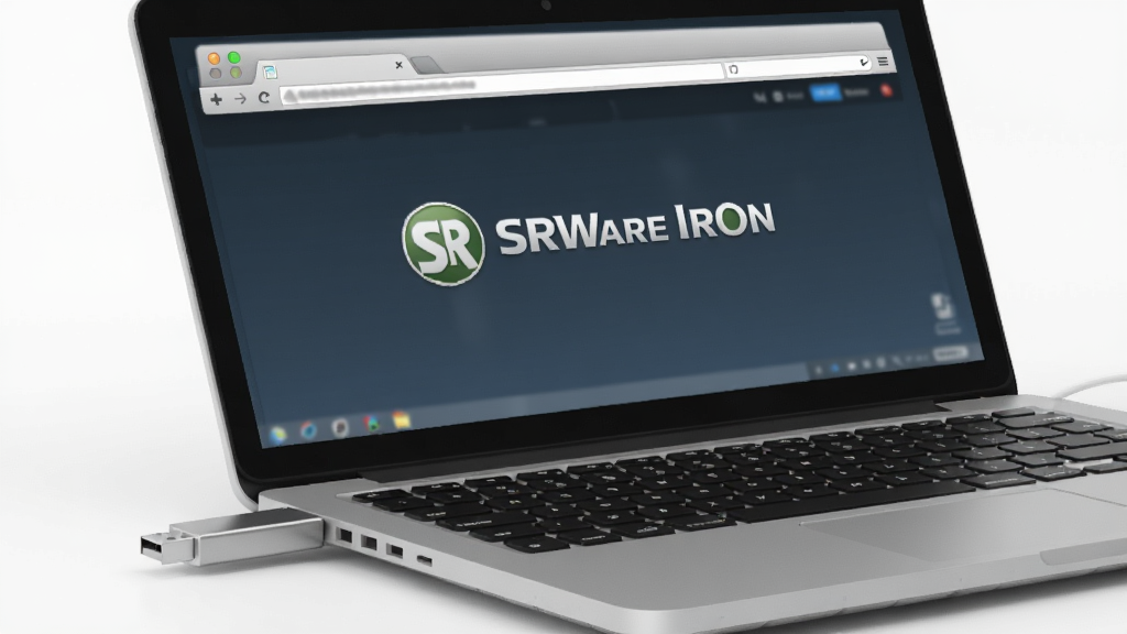 一张展示SRWare Iron便携版使用场景的图片,画面中一台笔记本电脑插着银色U盘,屏幕上显示浏览器界面和“SRWare Iron”标志,桌面整洁,风格商务简约,画质清晰,无杂乱元素