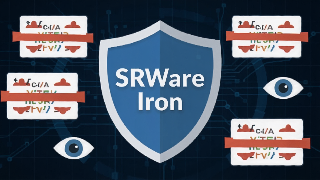 一张表现SRWare Iron隐私保护功能的创意插图,画面中心是一个盾牌形状的浏览器图标,盾牌表面印有“SRWare Iron”字样,周围环绕着被拦截的追踪代码和眼睛图标,背景为深蓝色科技网格,风格扁平化,画质干净清晰