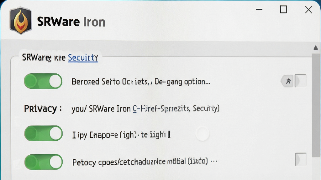 一张展示SRWare Iron设置界面的细节图,画面聚焦于隐私和安全选项面板,开关按钮清晰可见,界面风格简洁,带有“SRWare Iron”标志,画质锐利,无多余装饰