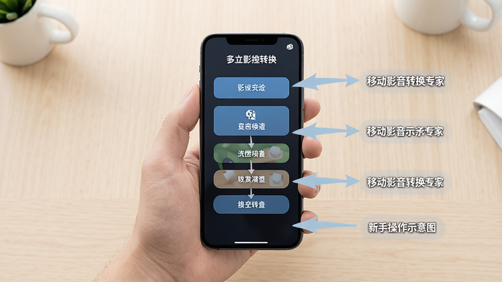 移动影音转换专家新手操作示意图,画面中一只手拿着手机,手机屏幕显示移动影音转换专家的操作步骤界面,旁边有箭头标注各个功能按钮,背景是简洁的浅色桌面,风格清新明了,画质清晰,干净,无多余元素