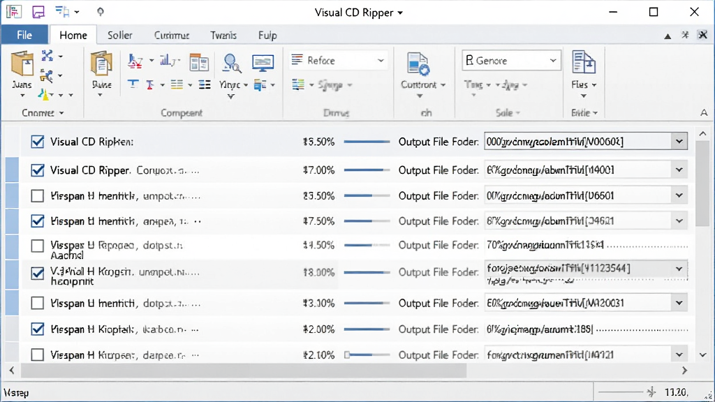 一张展示 Visual CD Ripper 批量抓轨功能的图片,主体为软件界面中的多条轨道勾选列表,布局上采用上下排列方式,排版清晰,风格为办公软件风格,细节包括勾选框、进度百分比、输出文件夹路径,画质高清、干净、无多余元素。